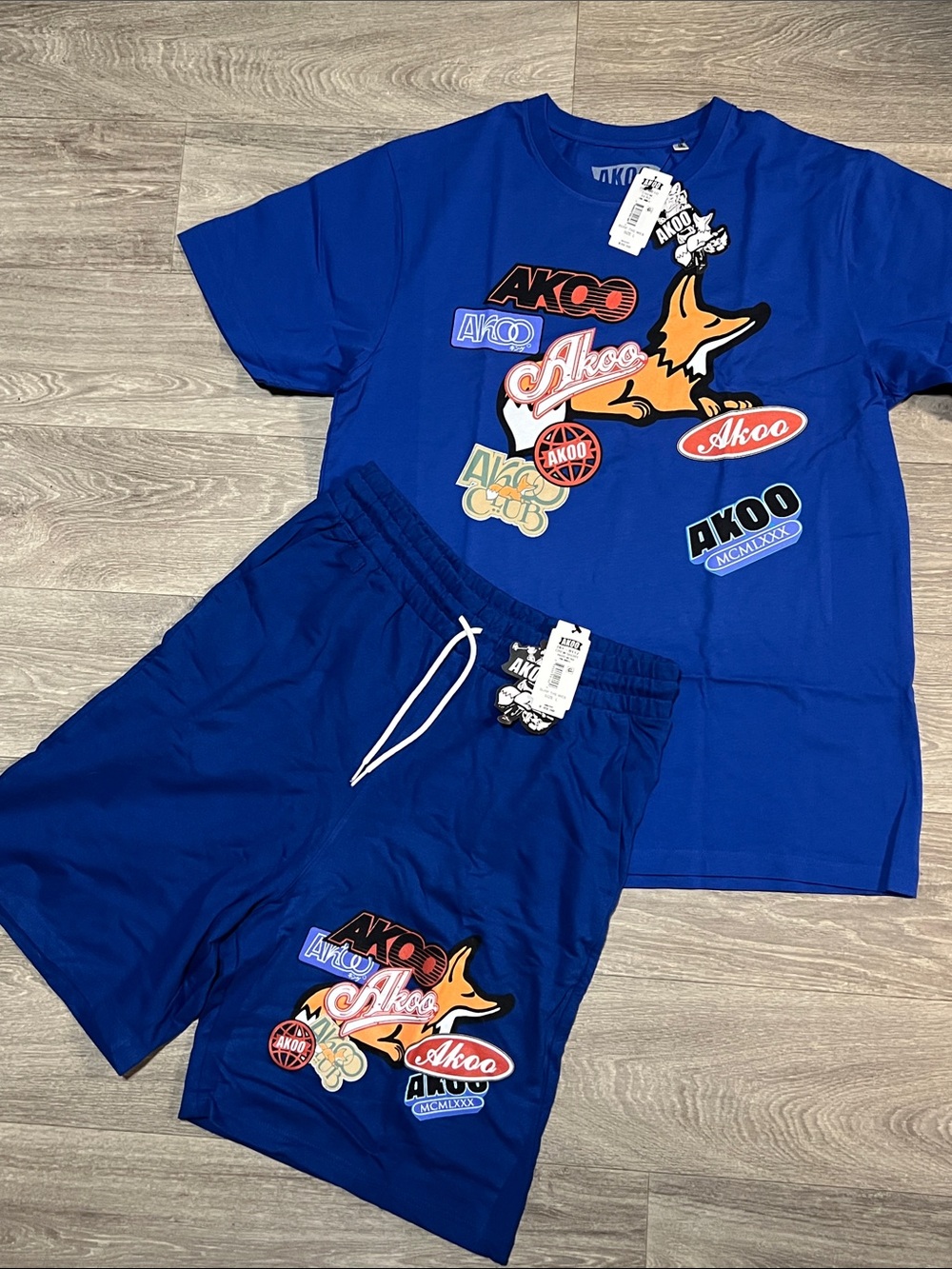 Akoo Royal Blue Graphic Tee and Shorts Set with Orange Fox Motif